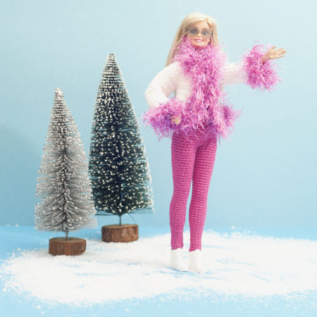 Haakpatroon, Barbie, outfit, ski-outfit, katoen, legging, jasje, bontrand, roze, wit