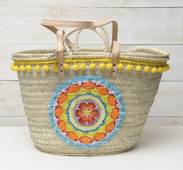 strandtas handvatten hengsels grote mandala pompons riet katoen touw leder