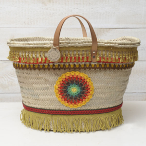 strandtas beachbag Ibiza mandala franjes bandjes riet katoen leder handvatten
