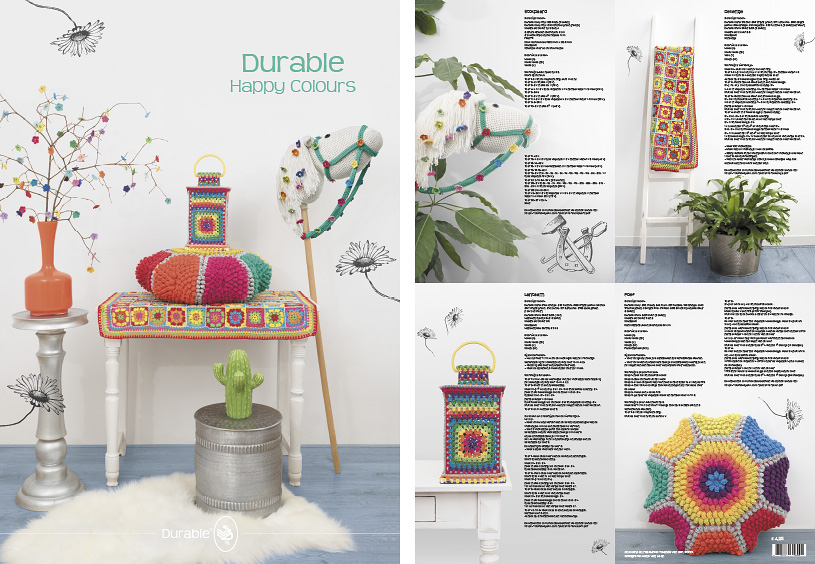 Durable posters, haken, breien, patronen, poef, lantaarn, babydeken, springpaard, happy colors 