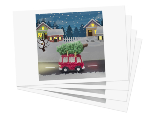 Kerstkaart met VW-busje en kerstboom