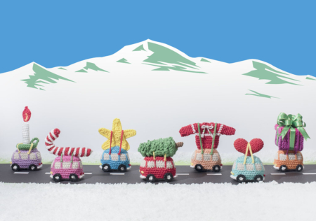 Kerstkaarten VW-busjes, ansichtkaarten, kerst, met lading, gehaakt hartje, gehaakt truitje, gehaakte ster, gehaakte snoepstok